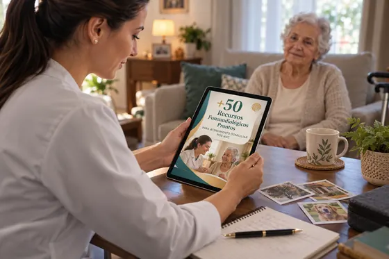Fonoaudióloga consultando um recurso no tablet